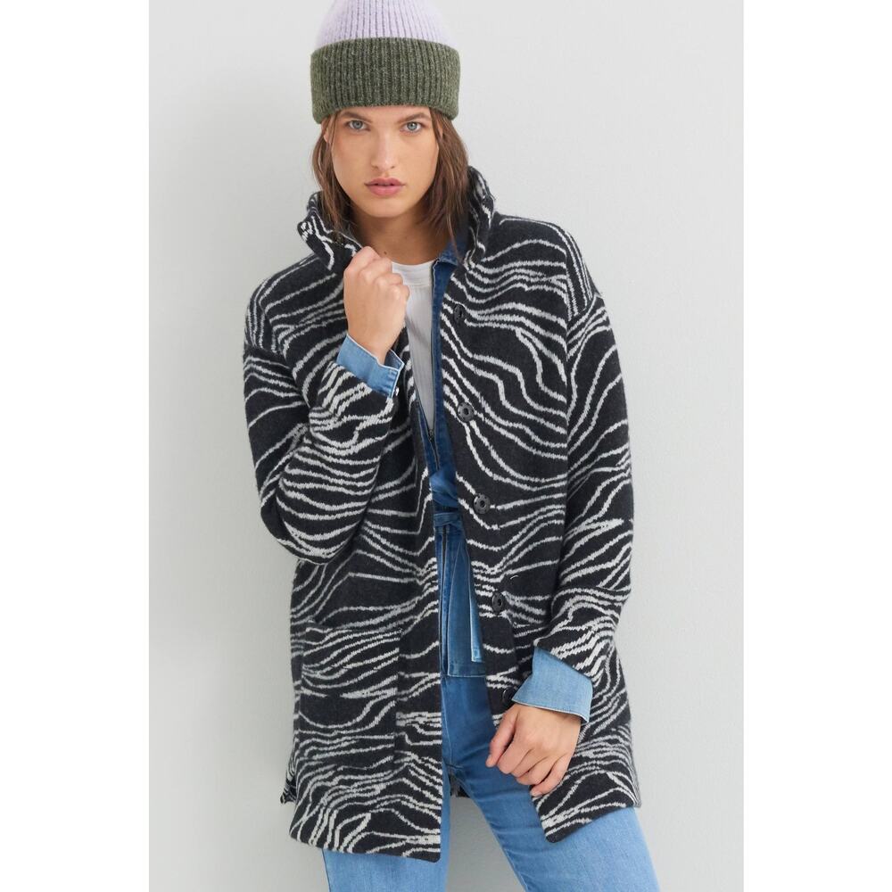 New Anthropologie Maeve Eunice Funnel Neck Wool Blend Cardigan $198 B&W SMALL